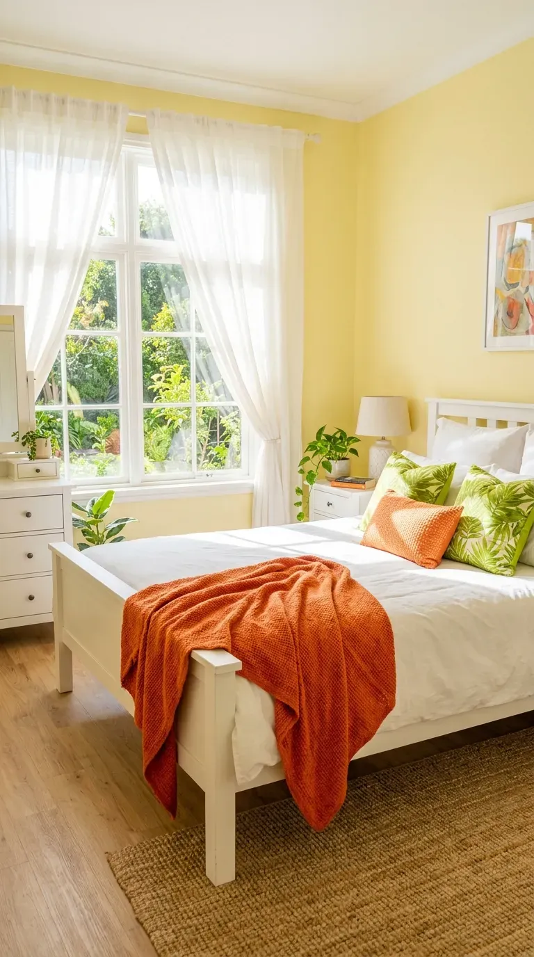 15 Genius Colorful Bedroom Ideas You Need to Try 11 A lively bedroom decorated with lemon yellow walls and tangerine orange bedding accents