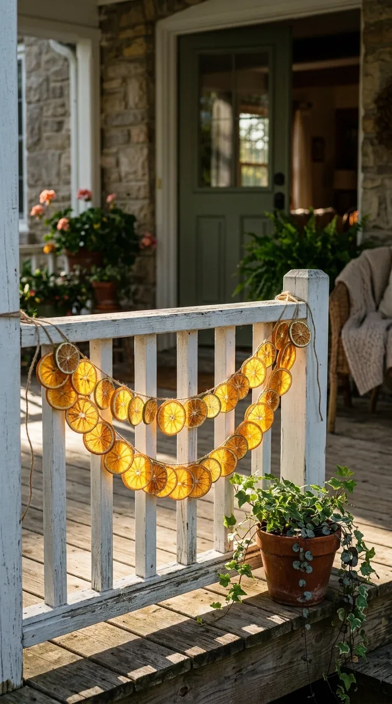 17 DIY Summer Decorations on a Budget 2 A handmade dried citrus slice garland strung on twine across a porch railing