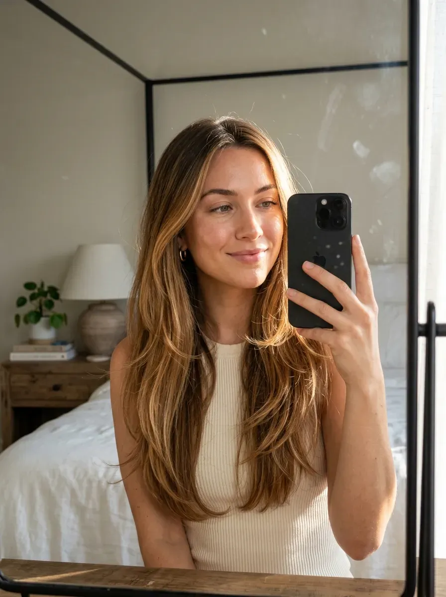 7 Caramel Hair Color Ideas That Add Warmth, Shine, and Dimension 2 Woman with classic caramel balayage taking an iPhone mirror selfie.