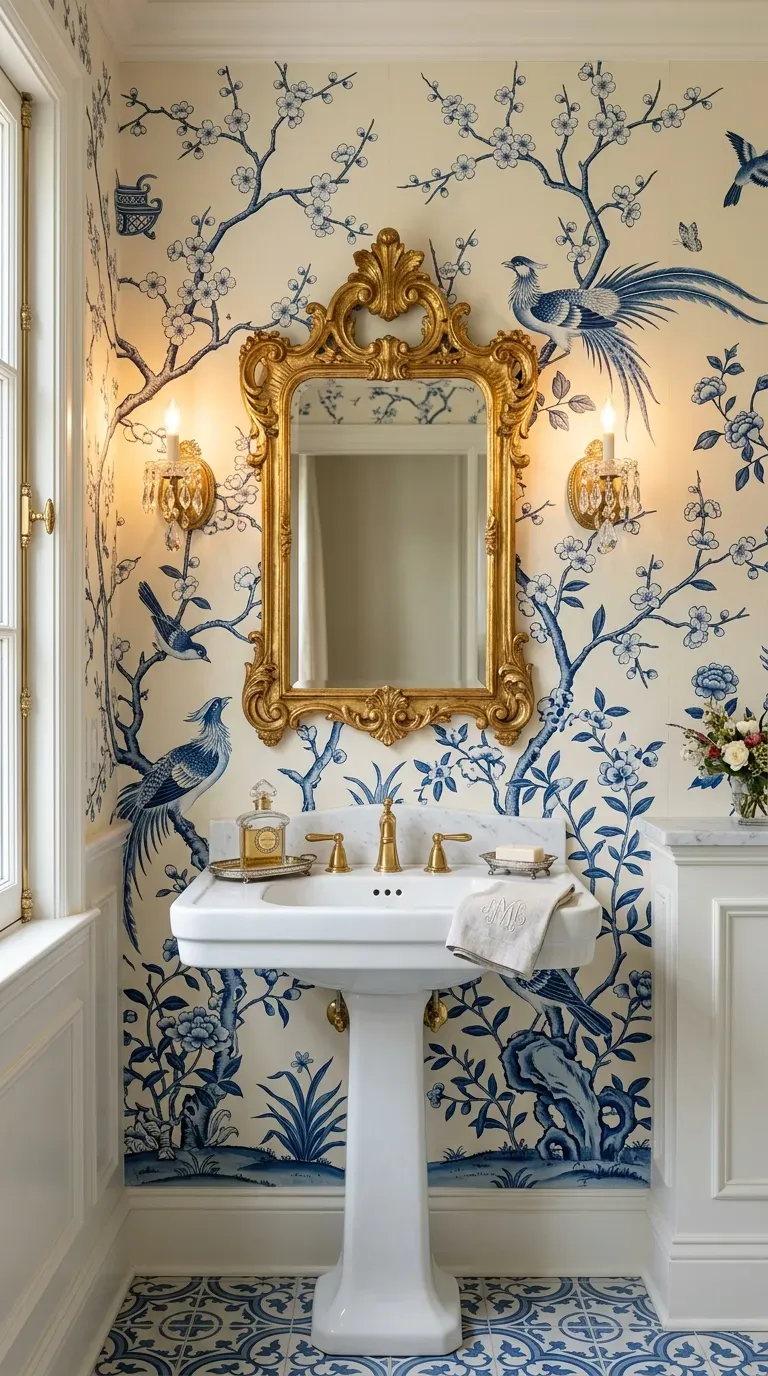 10 Must-Try Bathroom Wallpaper Ideas That Look Expensive 4 An elegant bathroom featuring blue and white cherry blossom Chinoiserie wallpaper