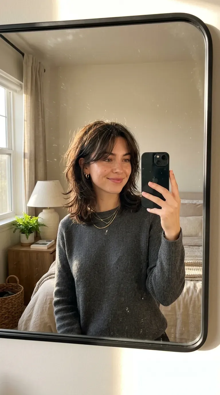 7 Kitty Cut Hairstyle Ideas That Are Soft, Trendy, and Effortlessly Chic 2 Woman with a classic kitty cut taking an iPhone mirror selfie indoors.