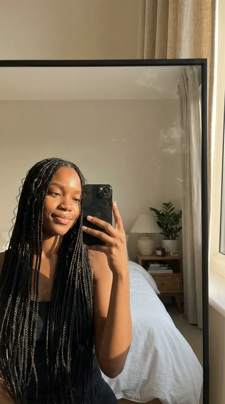 Woman with classic long micro braids taking an iPhone mirror selfie.