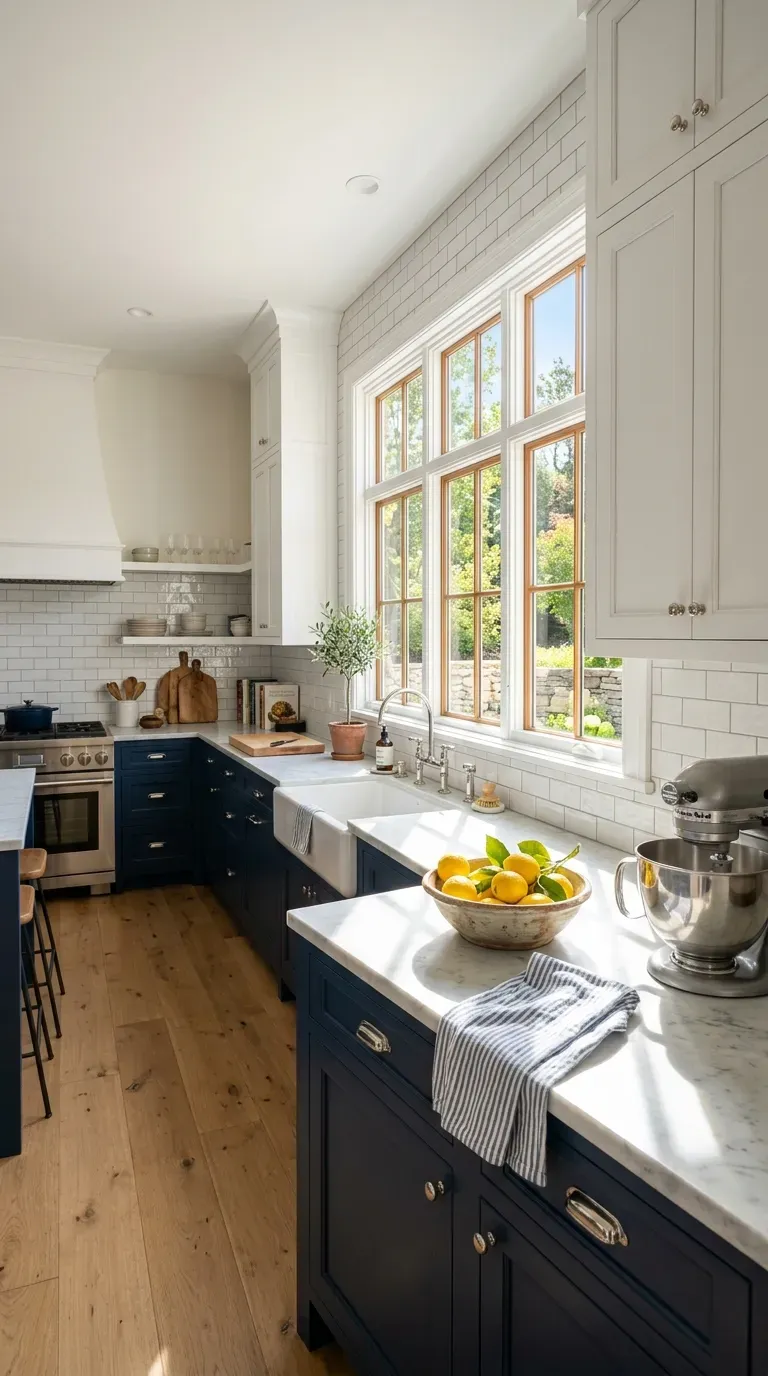 14 Genius Kitchen Color Palette Ideas You Need to Try 9 Navy blue lower cabinets with crisp white upper cabinets and subway tile