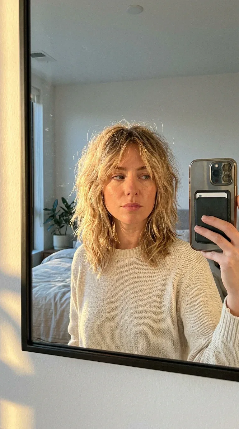 Woman with a classic shaggy lob hairstyle taking an iPhone mirror selfie.