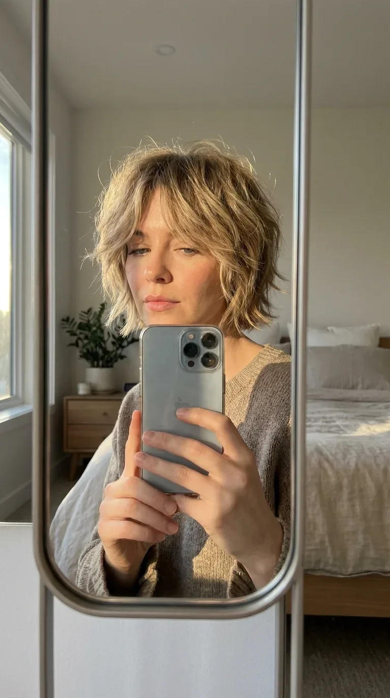 Woman with a classic shaggy short haircut taking an iPhone mirror selfie.