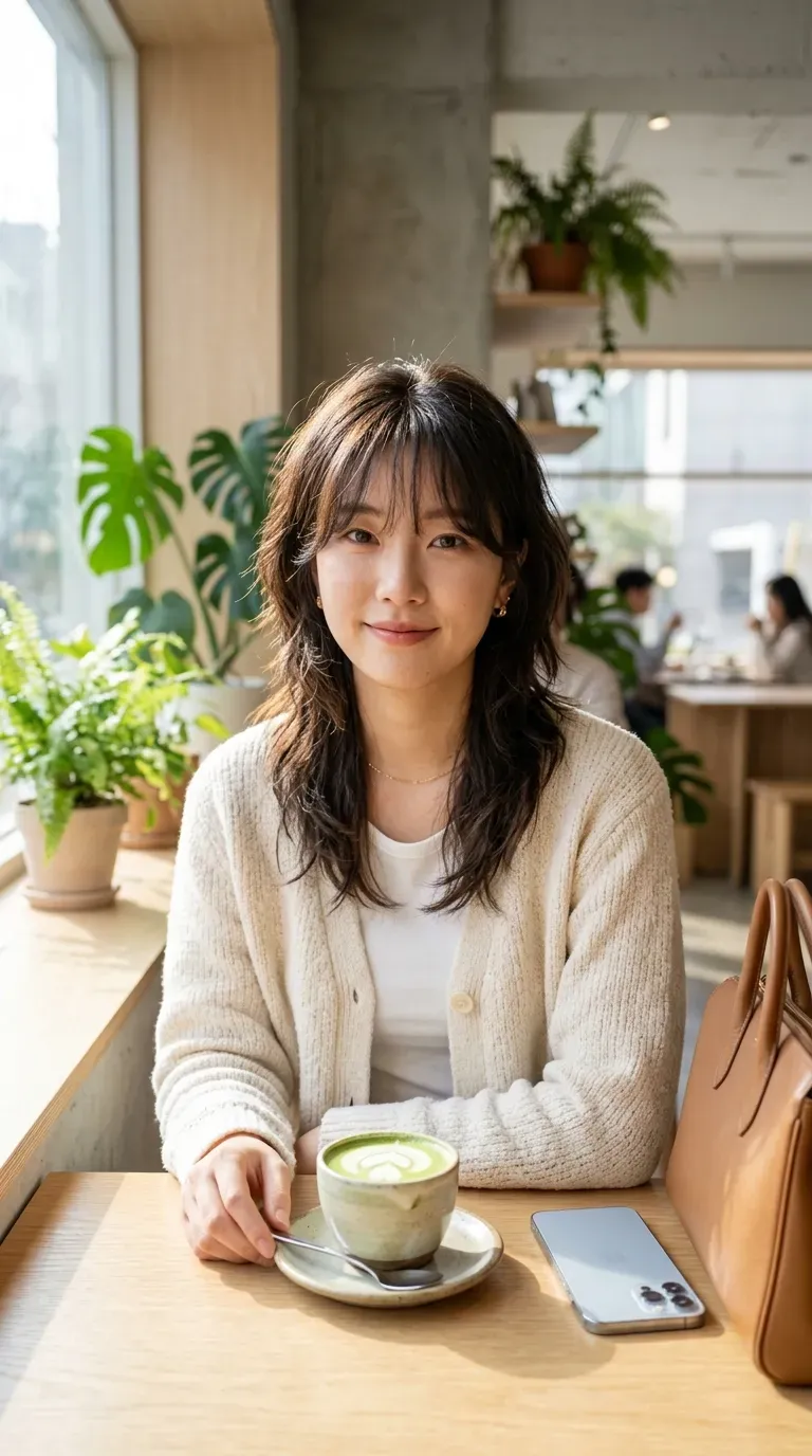 Korean woman with soft layered wolf cut in a cafe