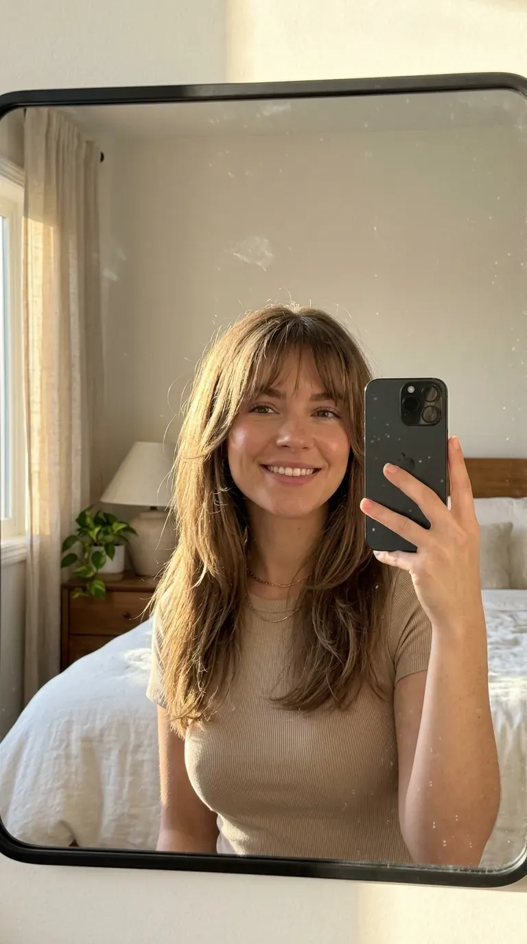 7 Wispy Bangs Haircut Ideas That Are Soft, Chic, and Effortlessly Stylish 2 Woman with soft wispy bangs taking an iPhone mirror selfie indoors.