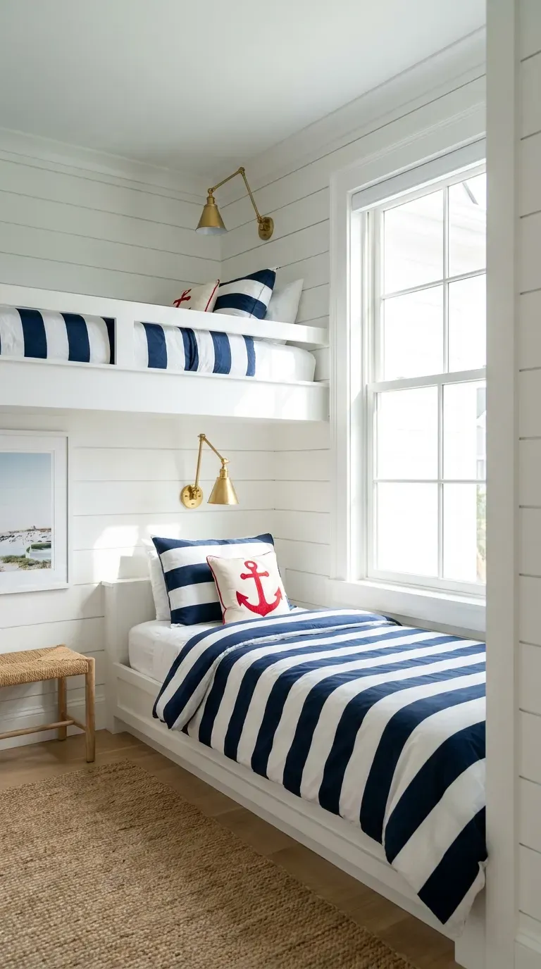 10 Must-Try Bunk Bed Room Ideas That Look Stunning 5 A bright bedroom featuring crisp white shiplap built-in bunk beds