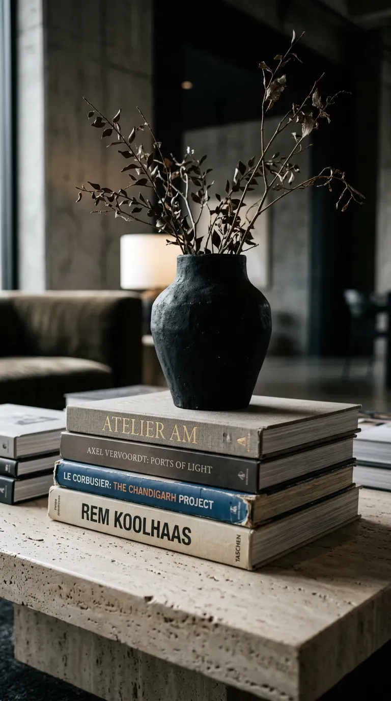 15 Genius Living Room Decor Ideas You Need to Try 4 A styled travertine coffee table with stacked art books and a vase