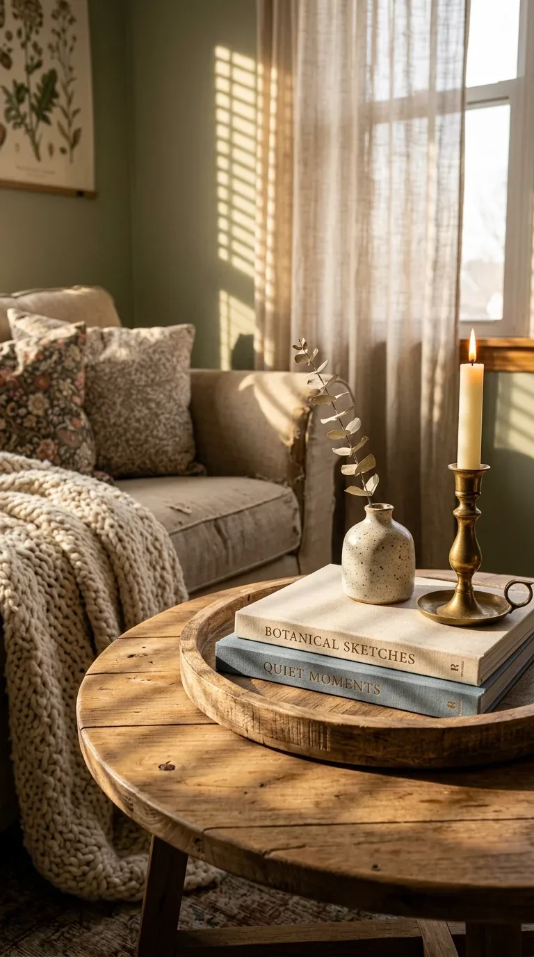A wooden tray styled with candles and books on a living room coffee table
