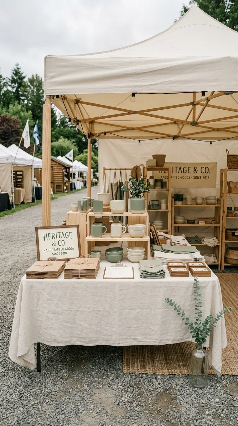 17 Creative Craft Booth Ideas for First-Time Vendors 2 A craft booth with a cohesive cream and sage color palette and handmade goods displayed