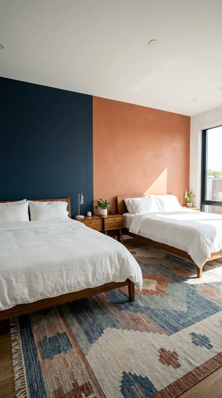 15 Genius Shared Bedroom Ideas You Need to Try 5 A shared bedroom with one side painted navy and the other terracotta