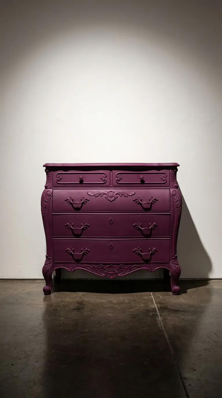 A vintage dresser and its hardware painted entirely in a rich, saturated plum color