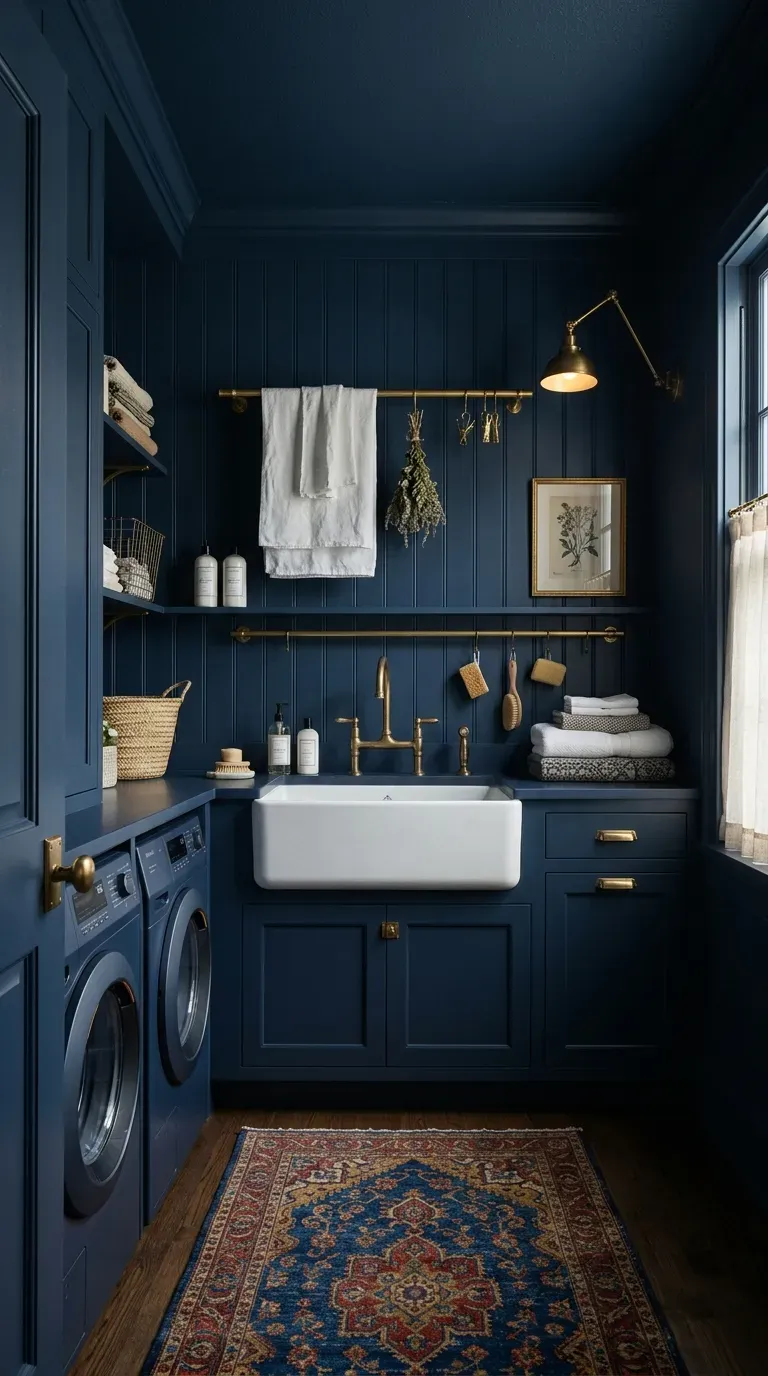 A small laundry room completely color-drenched in a rich navy blue