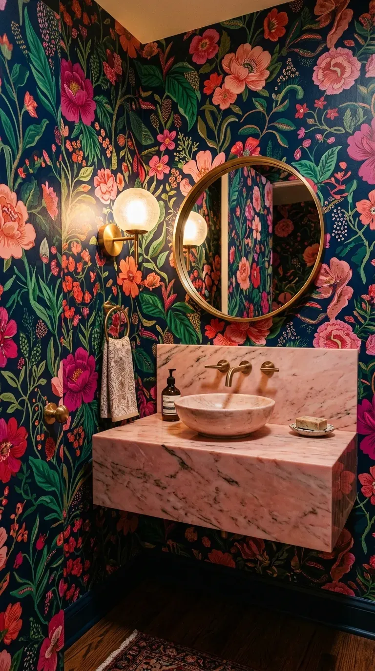 A small powder room covered in vibrant, oversized floral peel-and-stick wallpaper