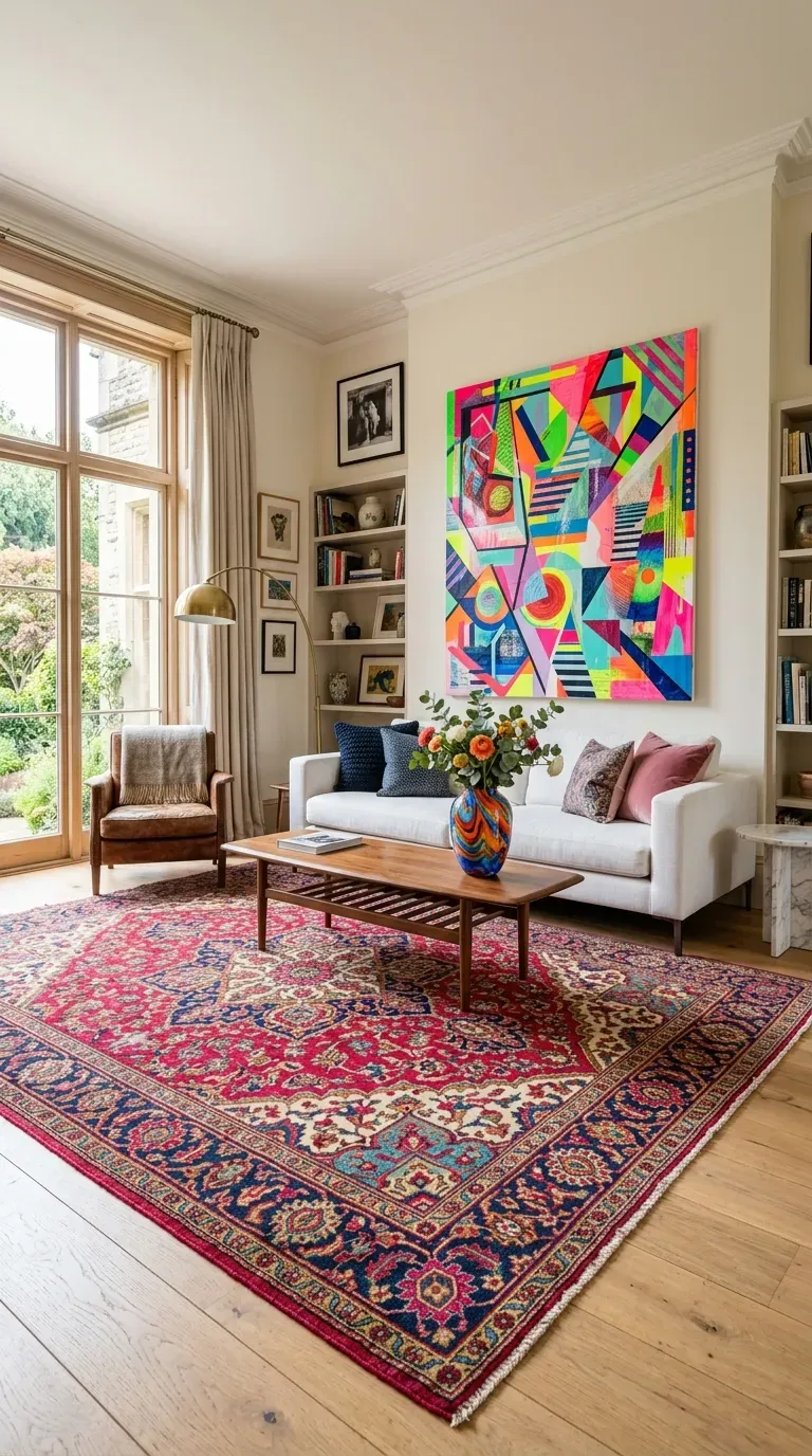 A colorful Persian rug paired with vibrant abstract pop art in a living space