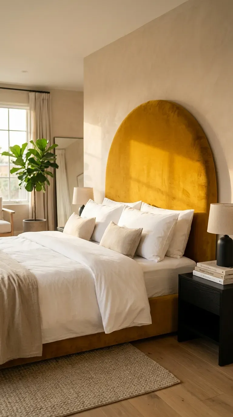 15 Genius Colorful Bedroom Ideas You Need to Try 14 A neutral bedroom anchored by a massive, vibrant mustard yellow arched velvet headboard