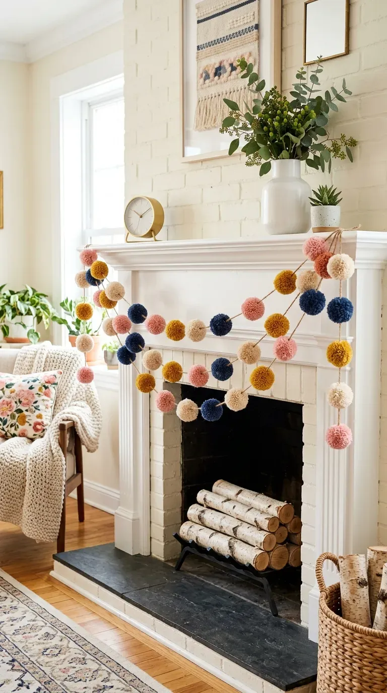 Colorful fluffy yarn pom-pom garland draped across a white fireplace mantel