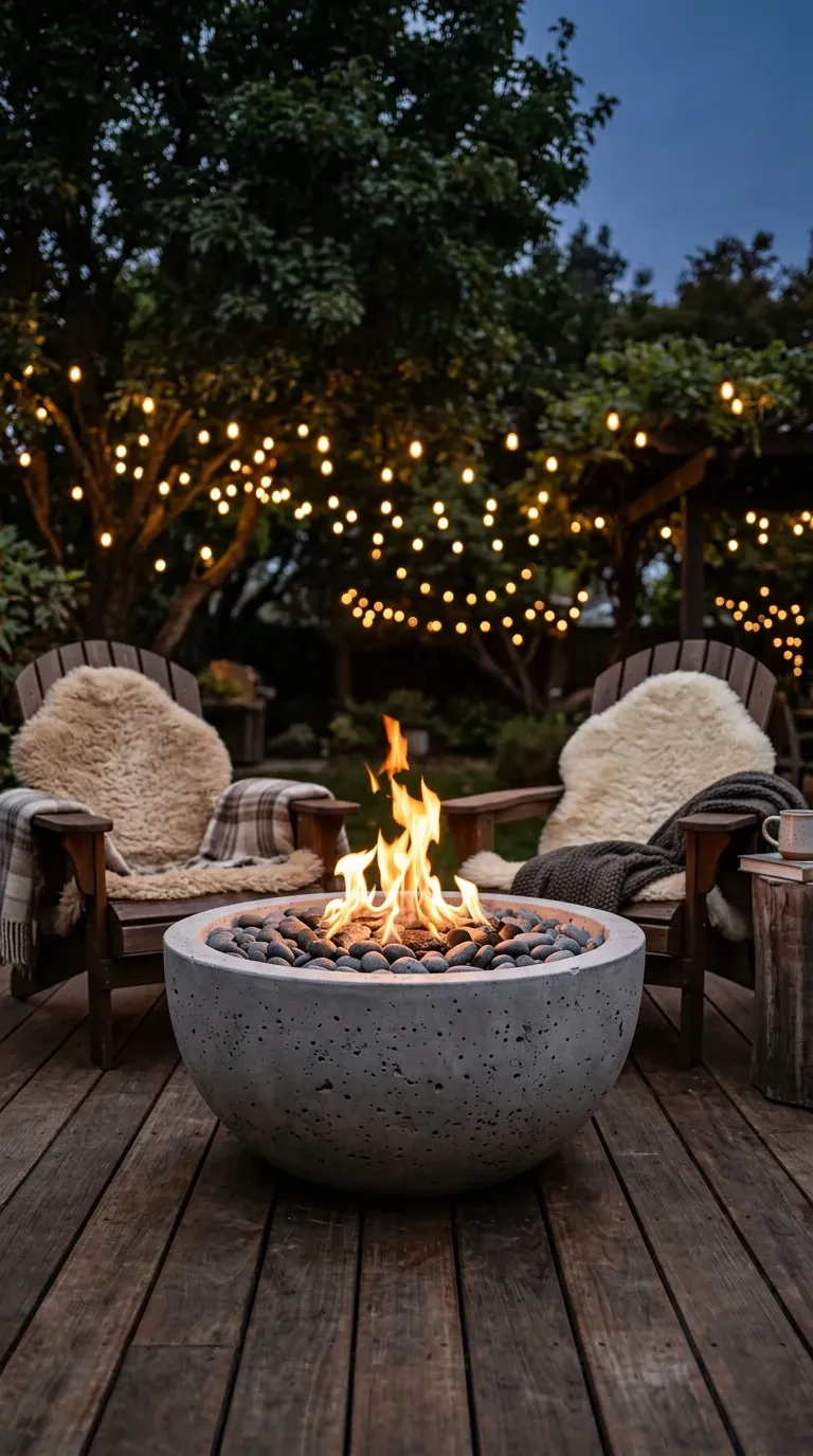 A massive sculpted concrete fire bowl burning brightly on a deck