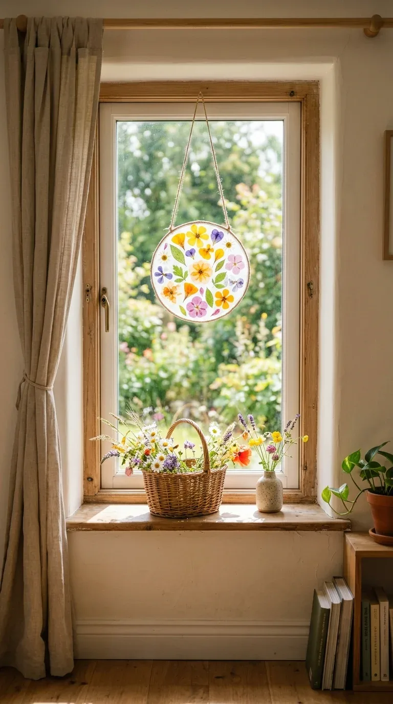 18 Fun Summer Craft Activities for Any Age 14 A nature suncatcher made from pressed flowers and leaves in contact paper hanging in a window