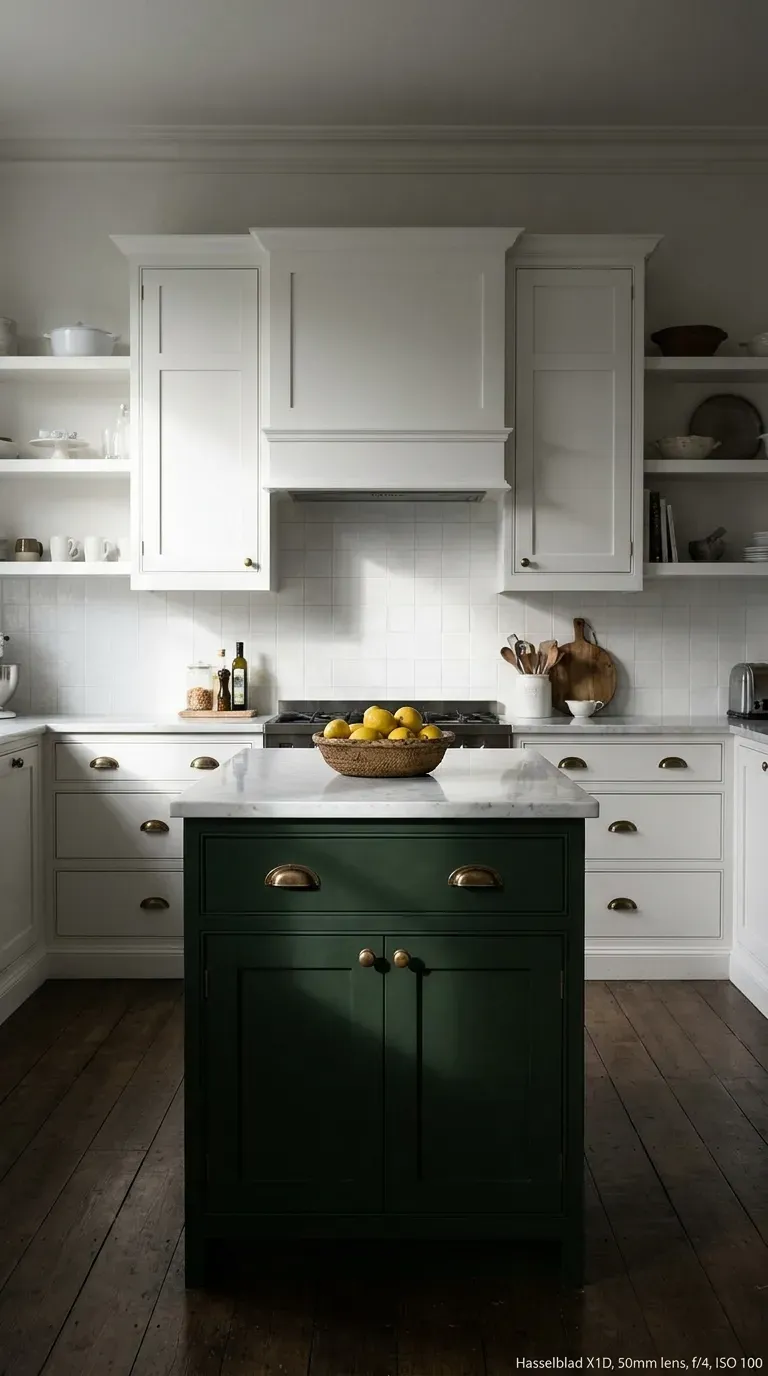 A bold forest green painted island in a small white kitchen