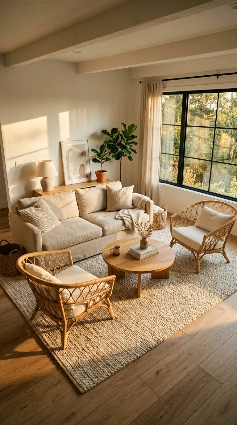 Living room furniture arranged in an intimate conversation grouping around a coffee table