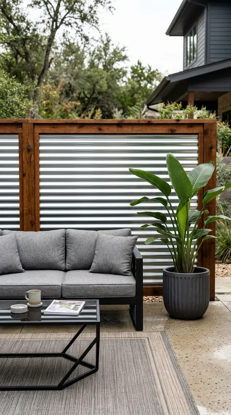 15 Genius DIY Patio Ideas You Need to Try 15 Corrugated galvanized metal fence panels framed in dark wood behind patio furniture