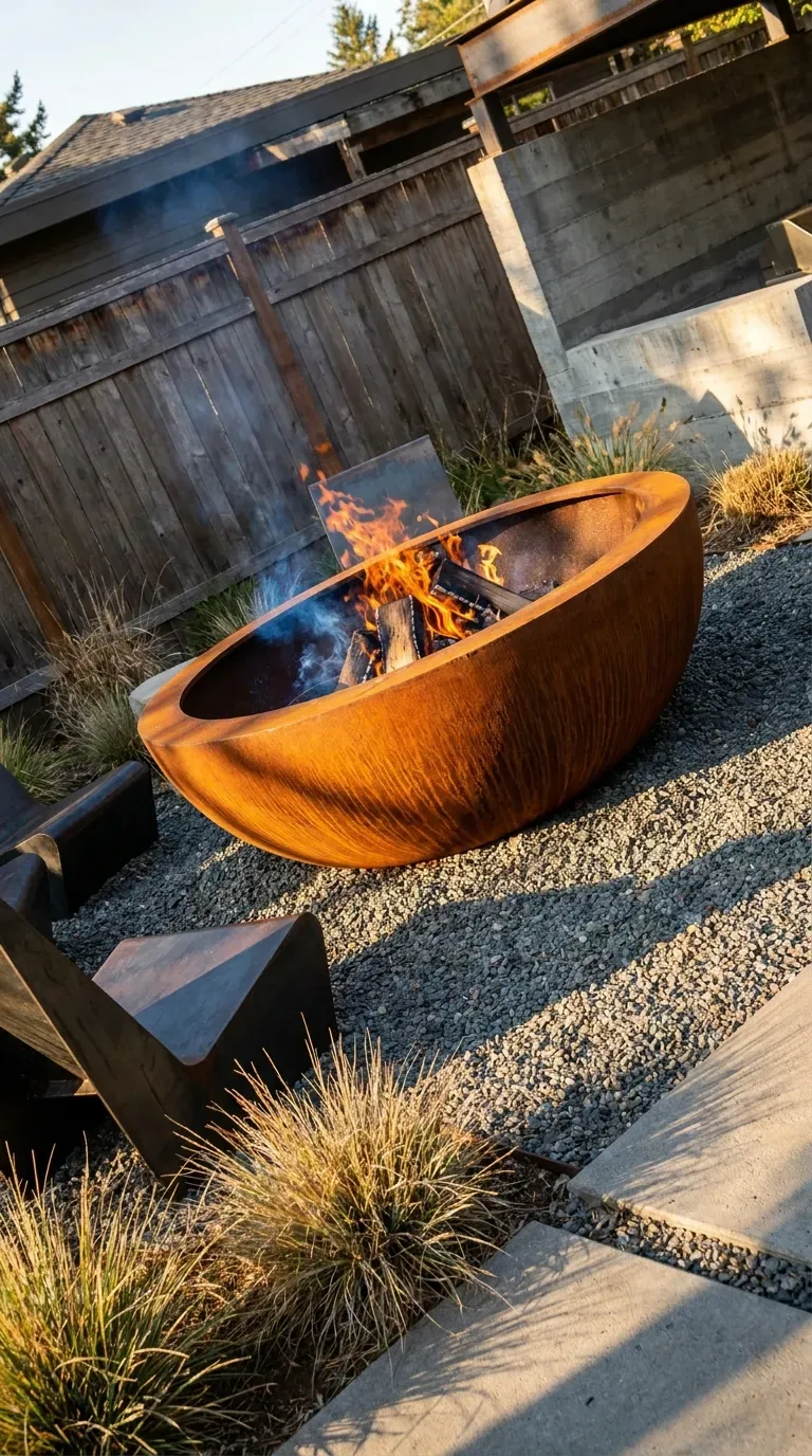 14 Genius Outdoor Fire Pit Ideas You Need to Try 4 A rusted Corten steel fire bowl blazing on a gravel patio