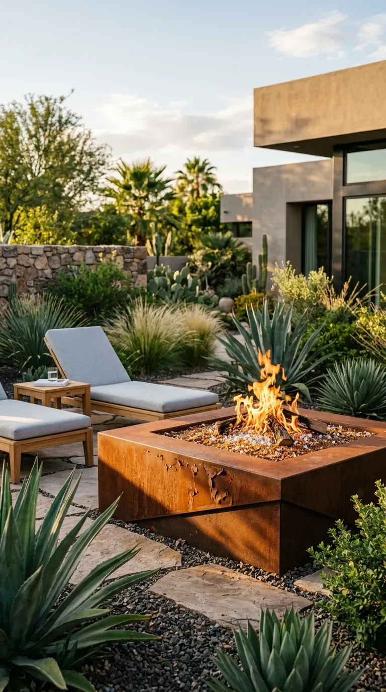A large rusted Corten steel fire pit surrounded by green landscaping