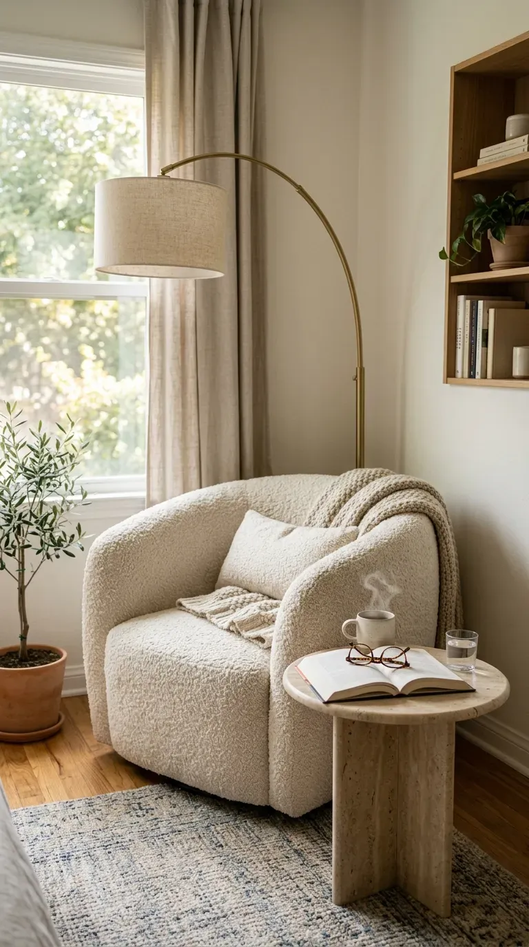 A cozy corner reading nook with a plush boucle chair and lamp