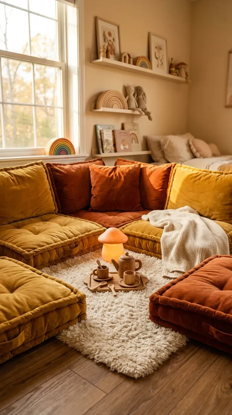 12 Aesthetic Kids Bedroom Ideas for a Dreamy Space 12 Plush velvet floor cushions in a kids play area