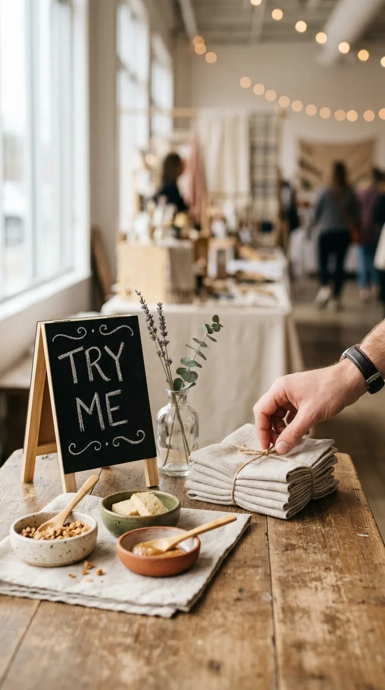 17 Creative Craft Booth Ideas for First-Time Vendors 10 A small sample station at the front corner of a craft fair booth inviting shoppers to try products