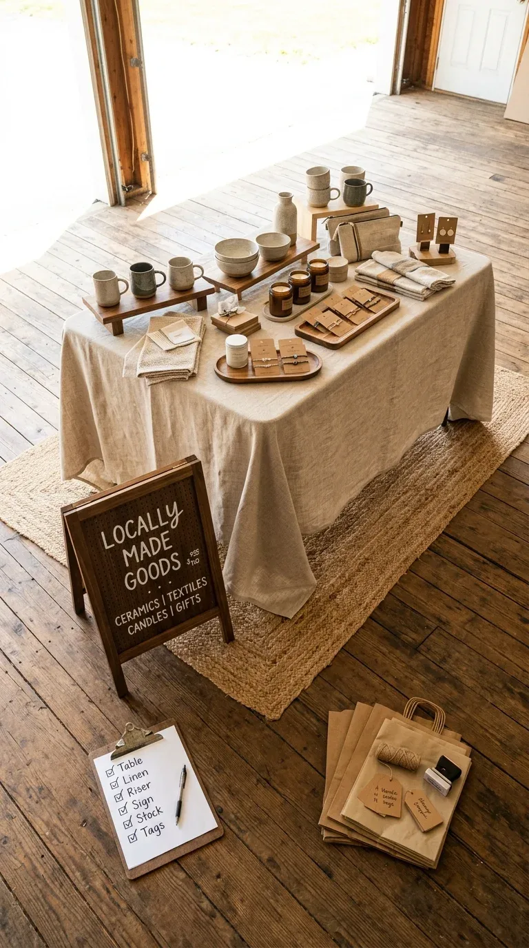 17 Creative Craft Booth Ideas for First-Time Vendors 18 A full craft booth setup rehearsal laid out on a garage floor before market day