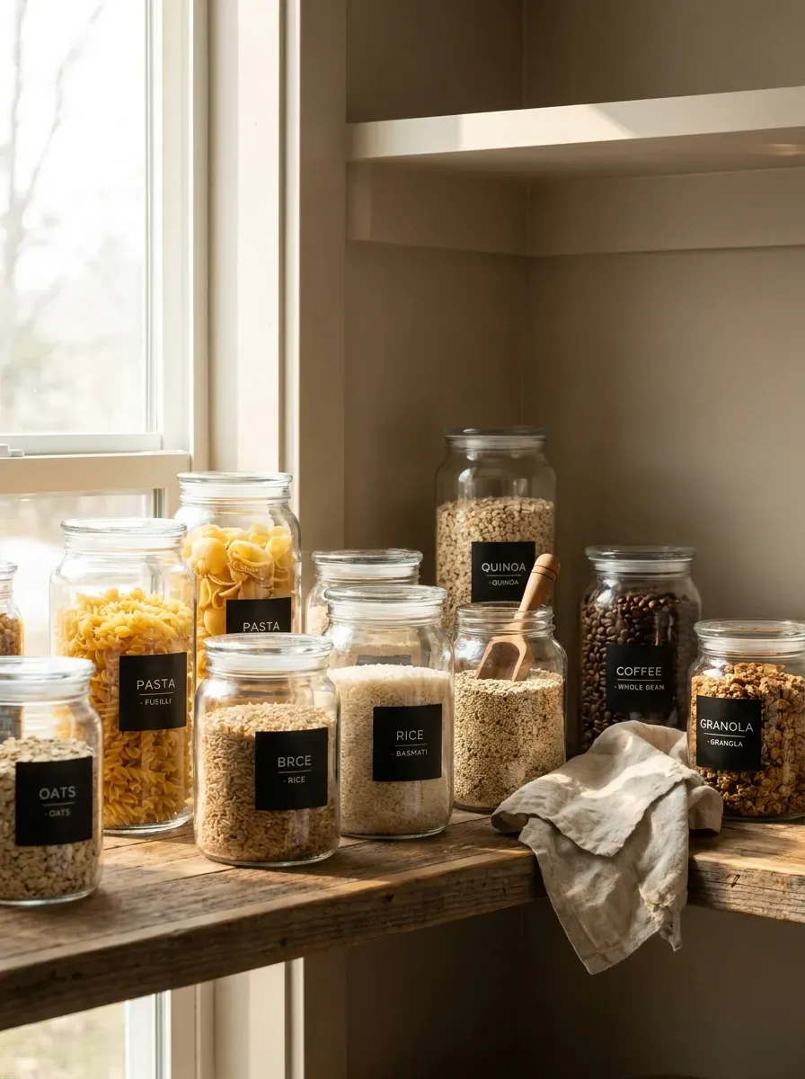 13 Genius Cricut Home Decor Projects You Need to Try 2 Glass pantry jars organized with minimalist black Cricut vinyl labels