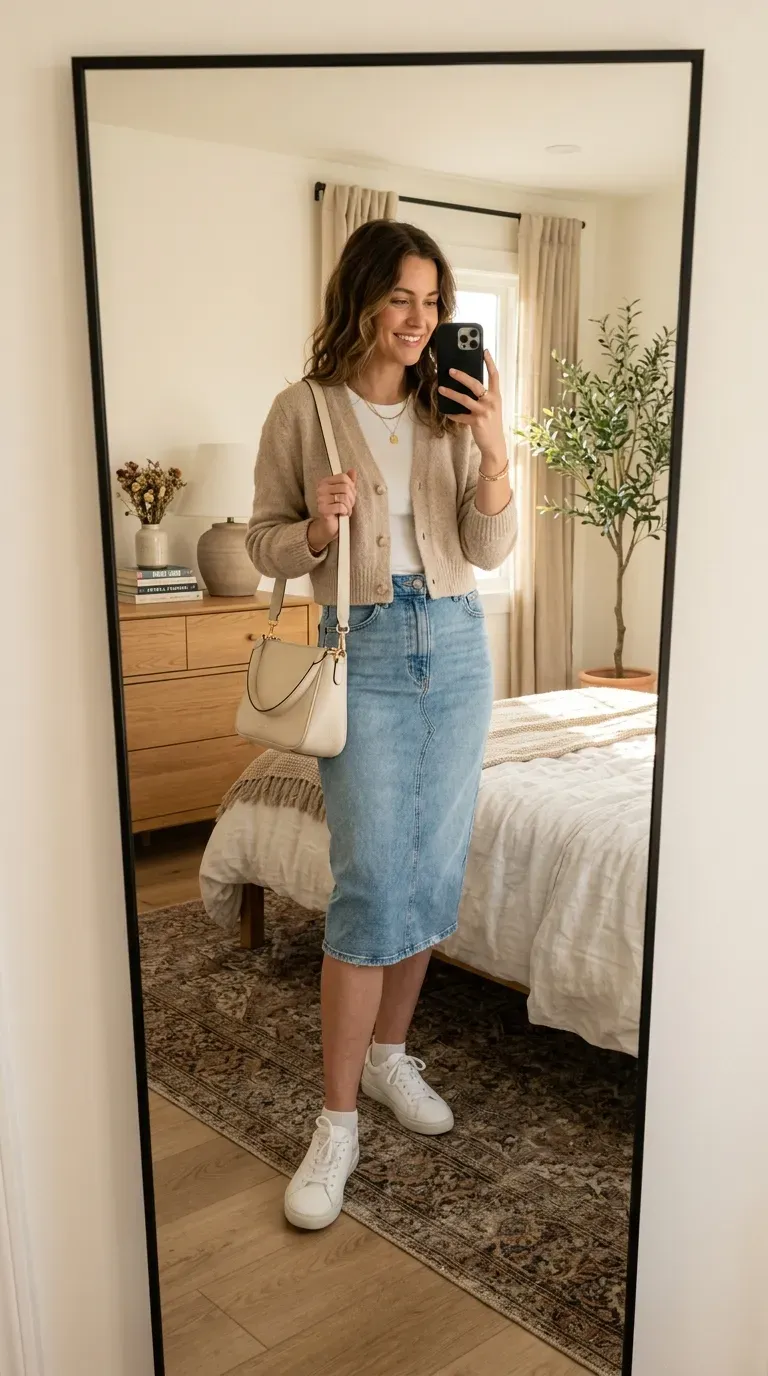 How to Style a Denim Skirt: 10 Chic Outfit Ideas You'll Want to Wear 10 Woman wearing a cropped cardigan with a denim skirt taking an iPhone mirror selfie.