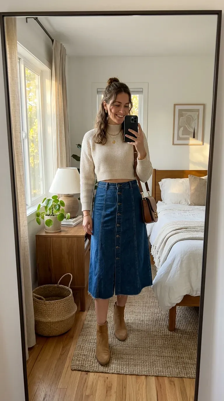 How to Style a Denim Skirt: 10 Chic Outfit Ideas You'll Want to Wear 3 Woman wearing a cropped knit sweater with a denim skirt taking an iPhone mirror selfie.