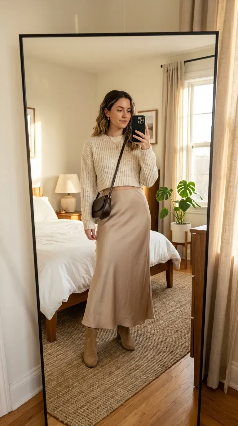 Woman wearing a cropped knit sweater with a maxi skirt taking an iPhone mirror selfie.