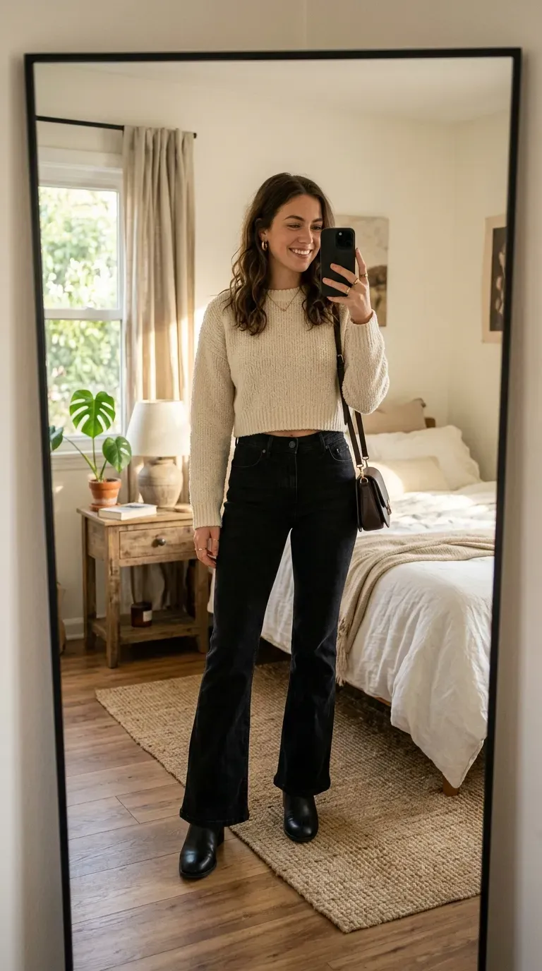 Woman wearing a cropped sweater and black flare jeans taking an iPhone mirror selfie.