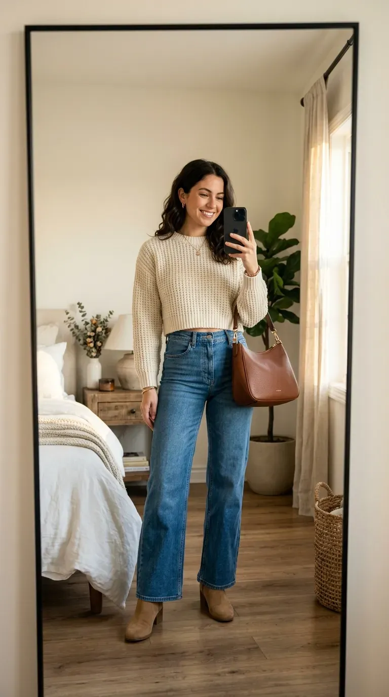 Woman wearing a cropped sweater with wide leg jeans taking an iPhone mirror selfie.