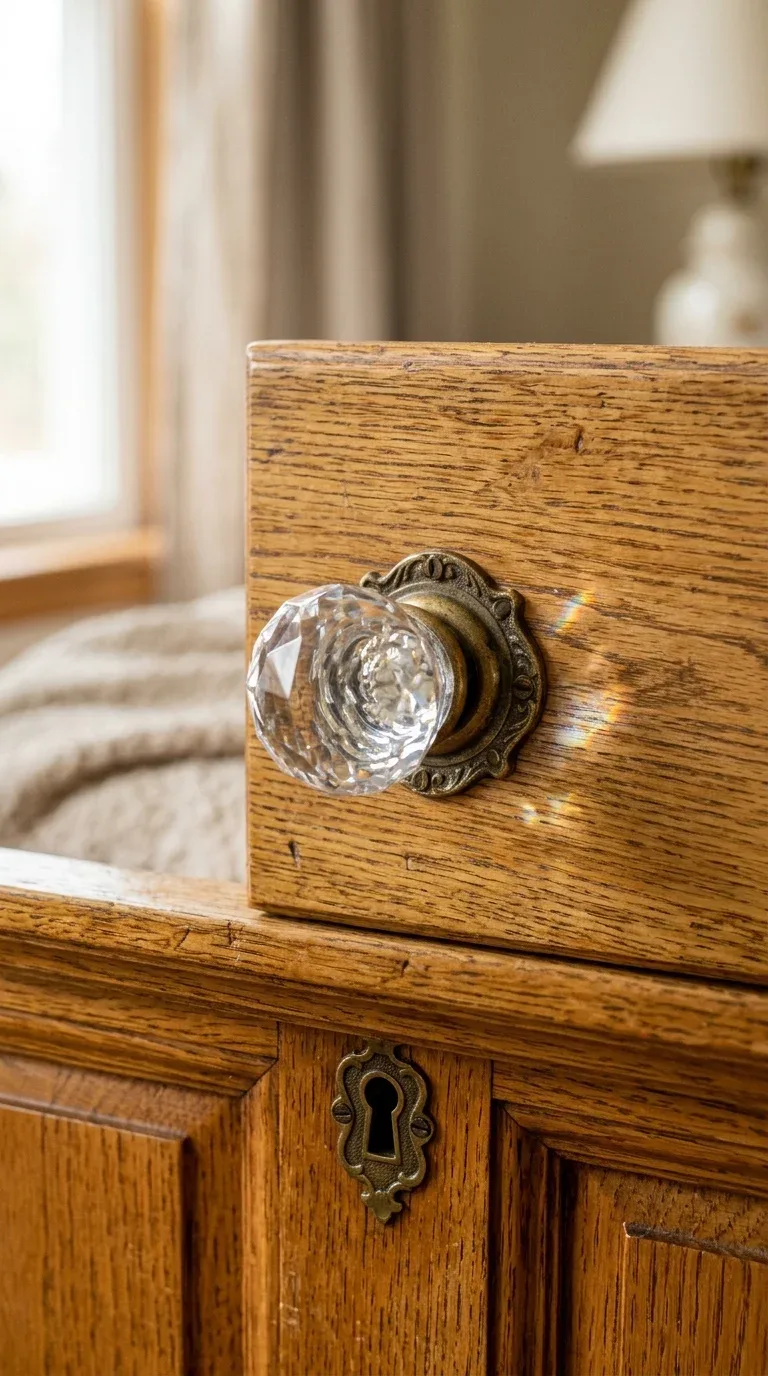 15 Vintage Bedroom Designs for a Cozy Retreat 6 A vintage crystal doorknob installed on a bedroom dresser drawer catching soft light