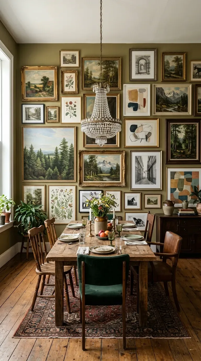 12 Aesthetic Dining Room Wall Decor Styles to Copy Today 4 An eclectic dining room featuring a floor-to-ceiling curated art gallery wall