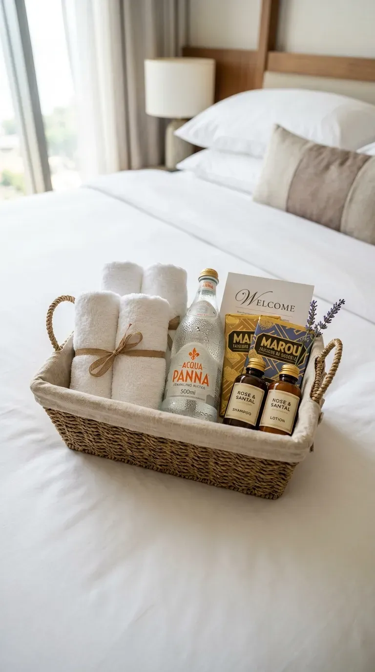 A woven welcome basket filled with fresh towels and luxury toiletries