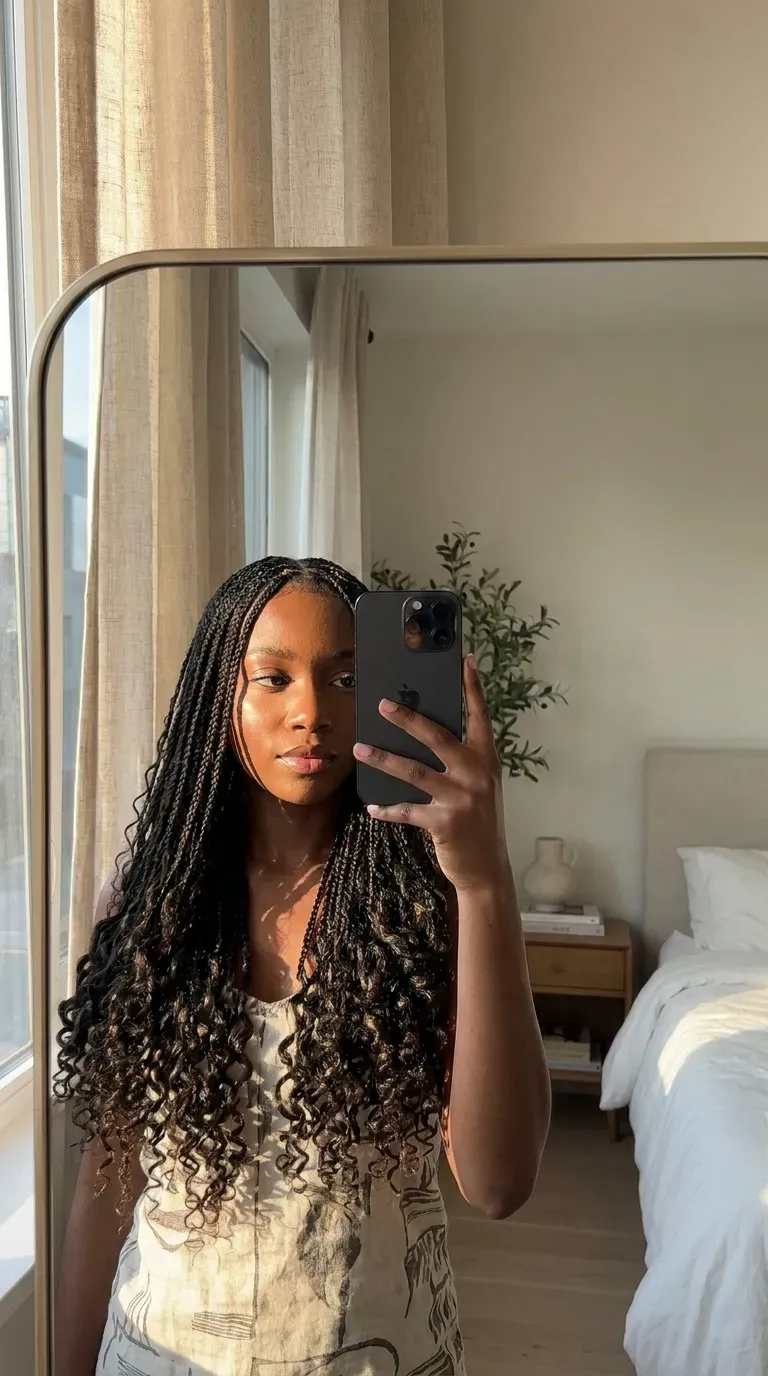 Woman with curly ends micro braids taking an iPhone mirror selfie.