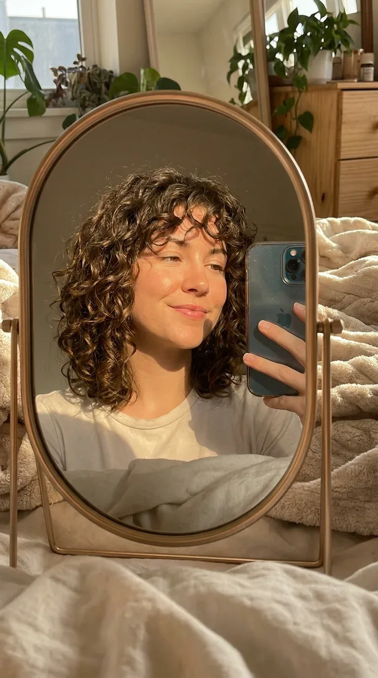 Woman with a curly shaggy lob taking an iPhone mirror selfie.