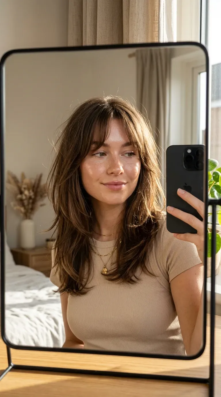 7 Wispy Bangs Haircut Ideas That Are Soft, Chic, and Effortlessly Stylish 5 Woman with curtain wispy bangs taking an iPhone mirror selfie indoors.
