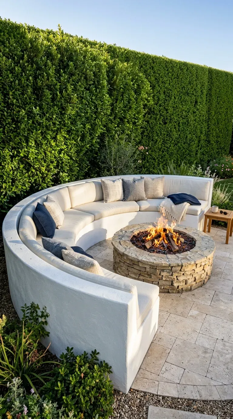 A curved stucco seating area wrapping around a circular fire pit