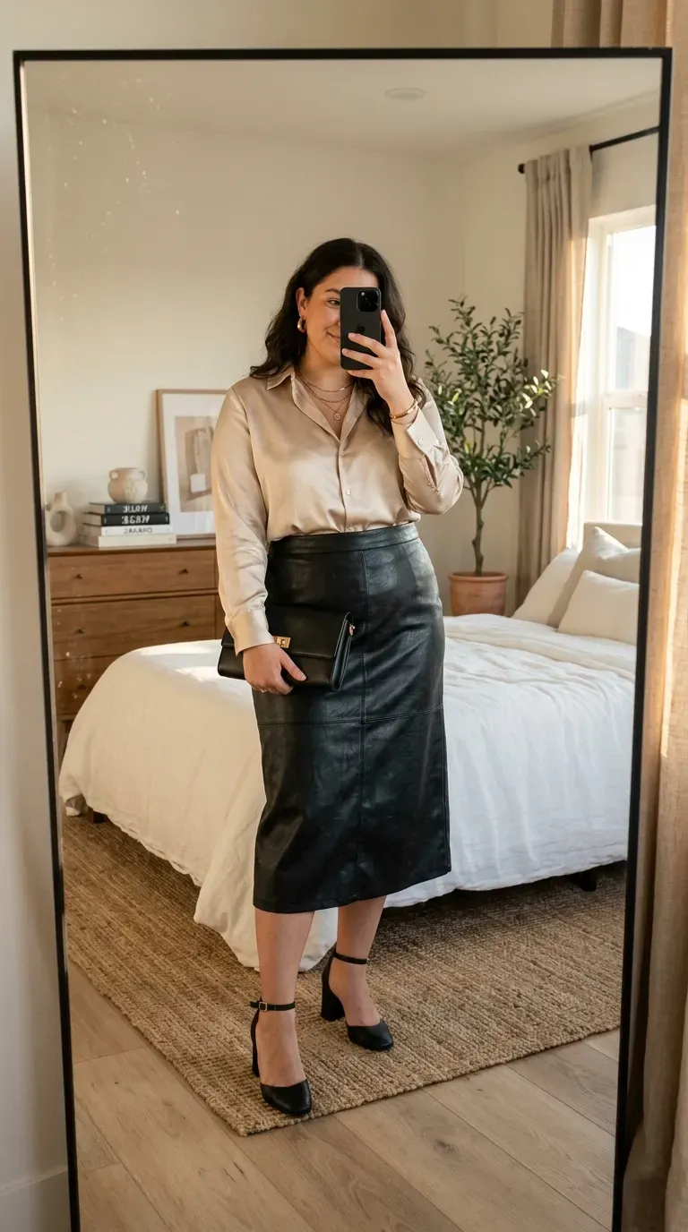 Curvy woman wearing a faux leather skirt with a satin blouse for a chic party outfit.