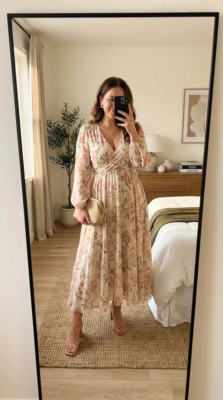 Curvy woman wearing a floral maxi dress with nude heels for a garden party.