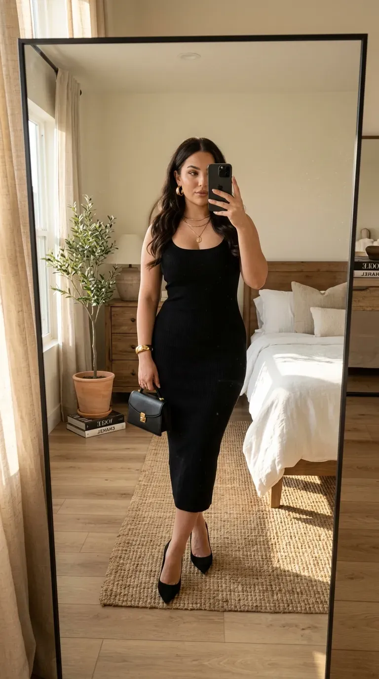 Curvy woman wearing an all-black party outfit with elegant gold accessories.