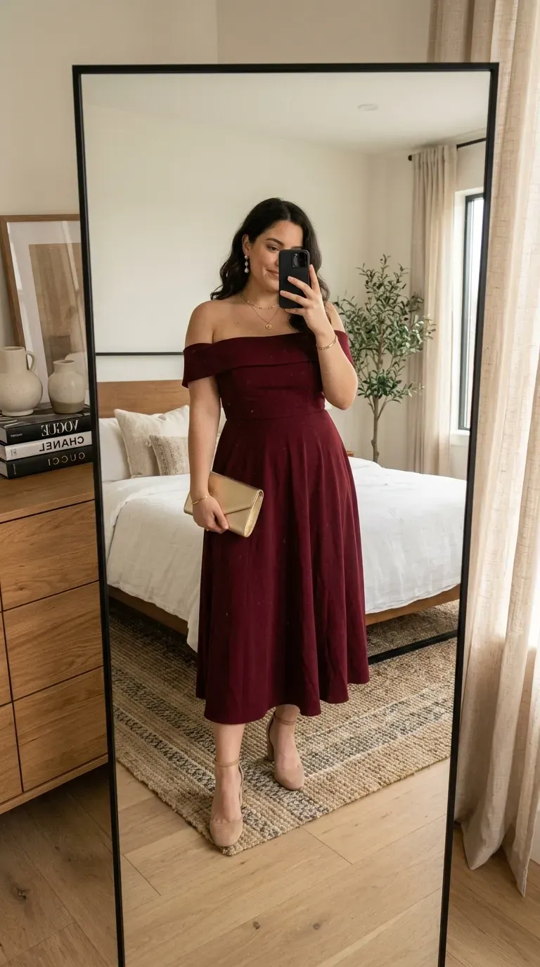 Curvy woman wearing an off-the-shoulder midi dress with block heels for a party.